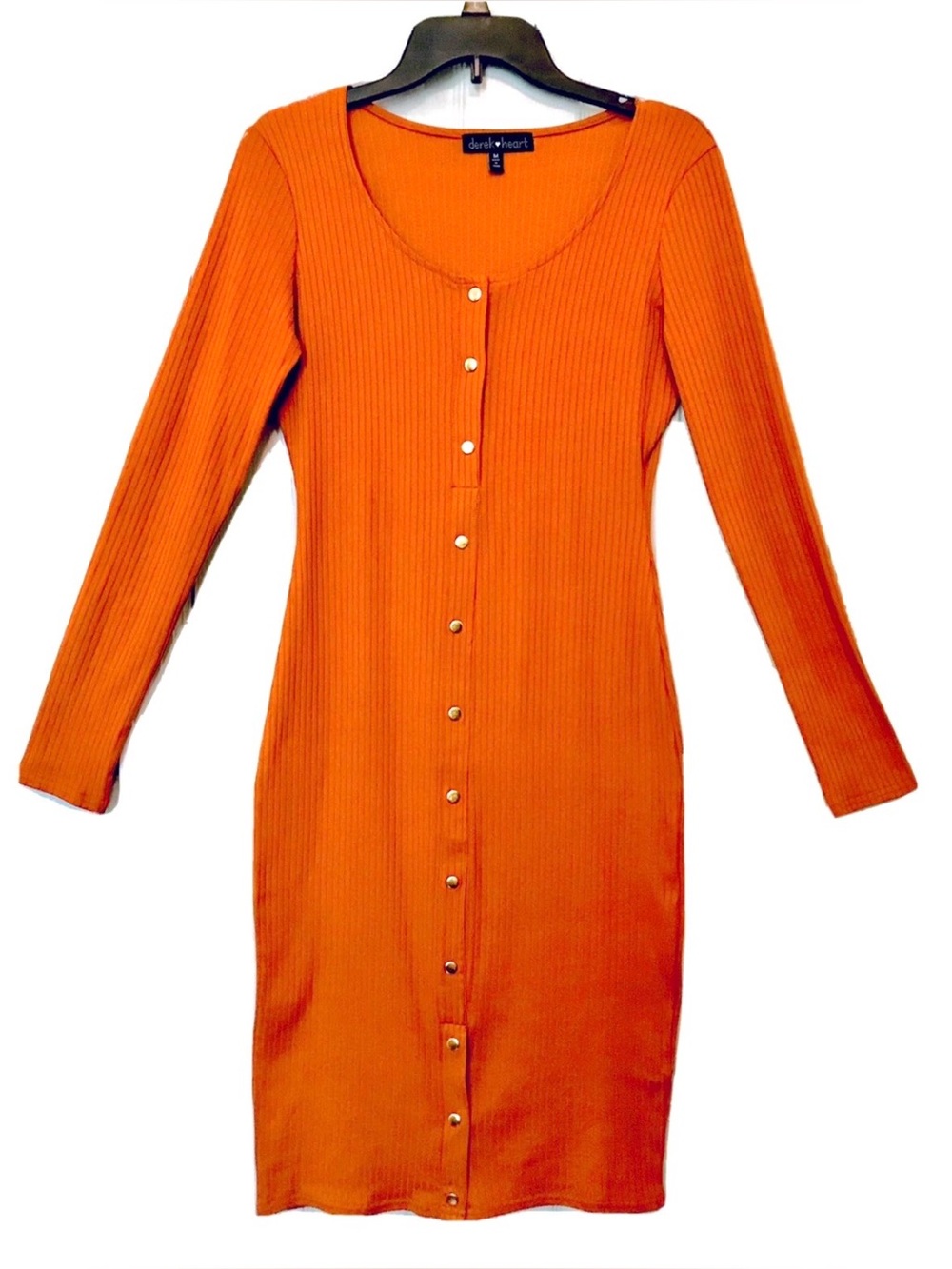 Derek Heart Womens M Copper Ribbed Knit Snap Gold Buttons Long Sleeve Midi Dress